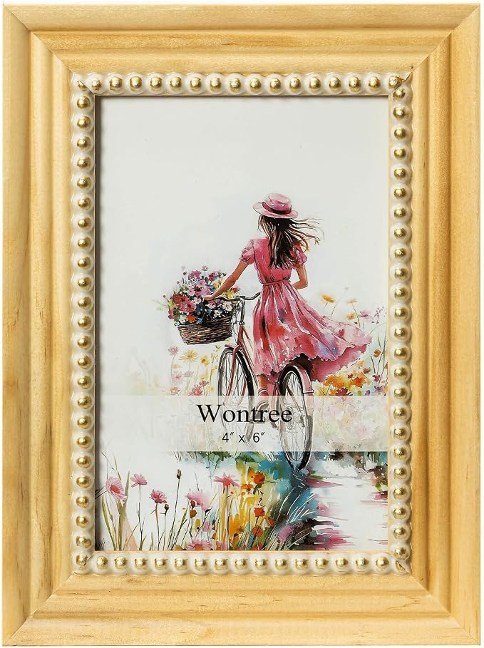 4x6 Picture Frame in Nature with Gold Beaded Border, Pine Wood with Real Glass, Vertical and Horizontal Desk Tabletop or Wall Hanging - Image 2