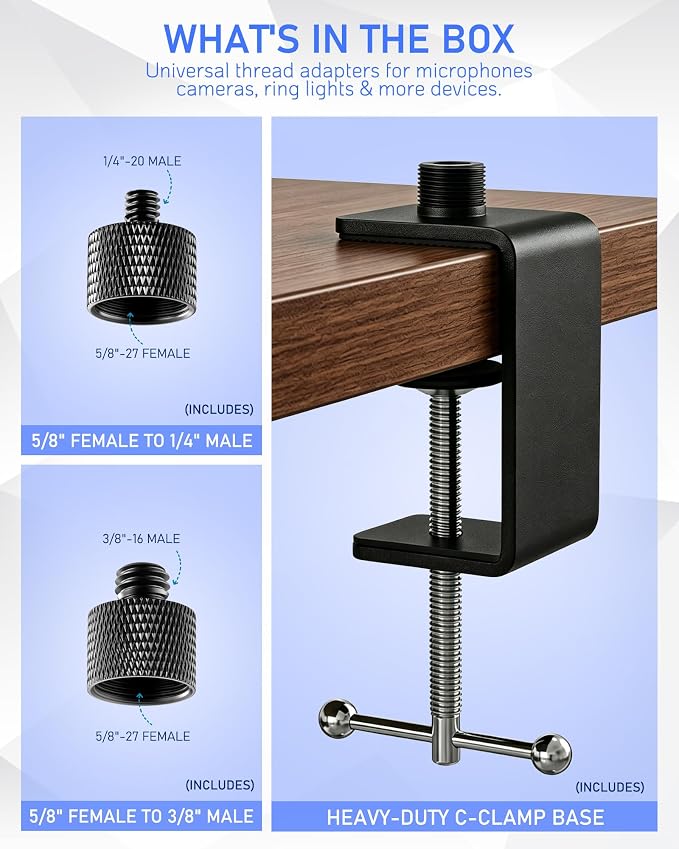 KB47 Table Microphone Clamp Mount, 5/8-27 Male and 3/8-16 Female Threads | Heavy-Duty 1-Pack Desk Mic Stand Base for Boom Arms and Goosenecks, Fits Thick Desks up to 2.36 in, Includes 2 Thread Adapter - Image 4