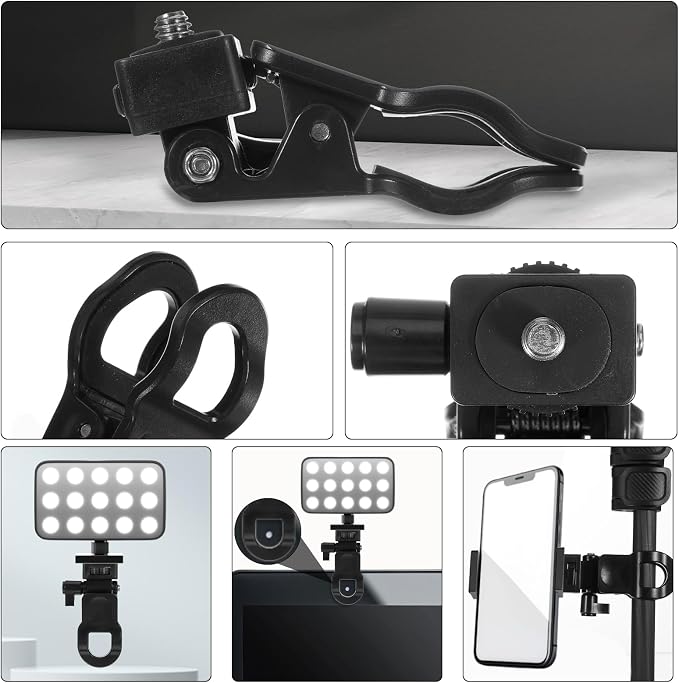 Xindojuz 2pcs Camera Clip, Anti-Slip Selfie Light Clip for Monitor Mount with 1/4 Universal Screw Multiple-Use Camera Clamp Phone Light Holder Attachment for Laptop Tripod Live Stream (Black, White) - Image 5