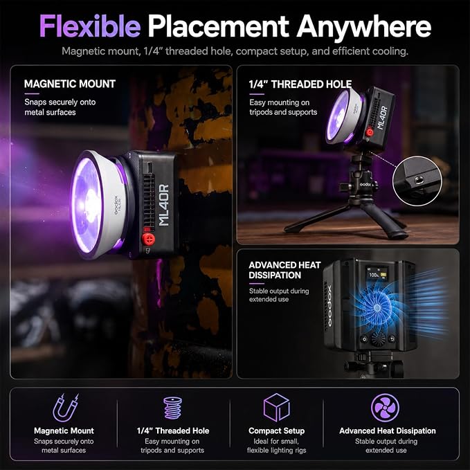 Godox ML40R RGB LED Video Light, Portable COB Photography Light with Built-in Battery, 1800K-10000K Full Color, 14 FX Effects, App Control, Magnetic Mount, ML-L10 Reflector for Vlog Live Streaming - Image 7