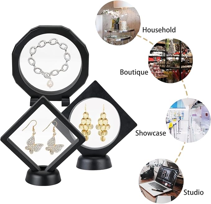 3D Floating Display Case, Transparent Film Jewely Storage Box, Black Challenge Coin Display Holder Stand for Antique Challenge Coins Medals Jewelry Shells Gems Minerals Rocks Specimen Pins (18Pcs) - Image 2