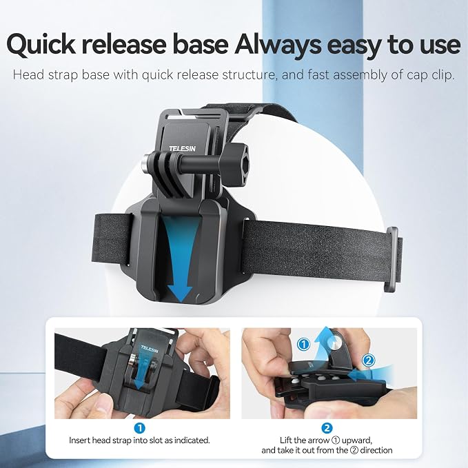 TELESIN Head Strap Mount with Cap Clip, Quick Release Head Belt Mount Compatible with GoPro Max/Hero 13/12/11/10/9/8, Insta360 X5, DJI Osmo Nano Action 5 Pro Action 4 3, AKASO and Most Action Cameras - Image 3