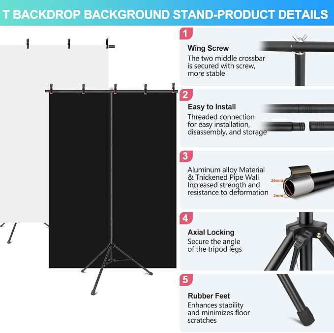 Black White Backdrop Screen with Stand Kit for Photo Video Studio Filming 5X6.5ft, Black Backdrop White Photo Curtain Background with T Shape Stand and 5 Spring Clamp for Photography Party Decorations - Image 7
