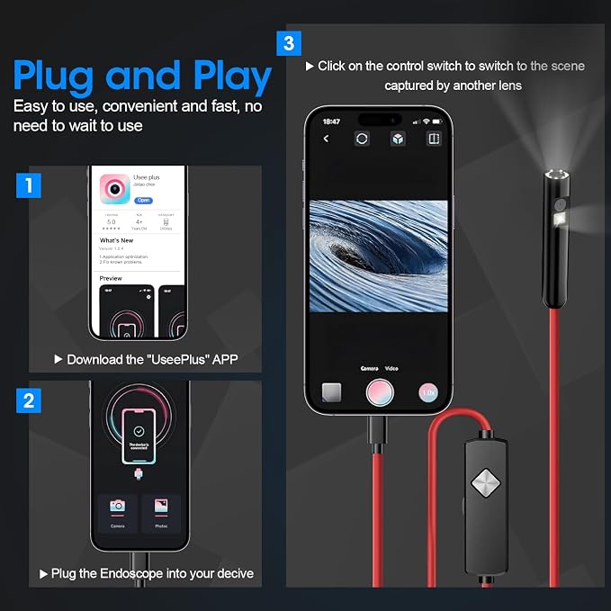 Endoscope with Light, 1920P HD Borescope with 8 Adjustable LED Lights, Semi-Rigid Snake Camera, IP67 Waterproof Inspection Tool (16.4ft, Red Harness + Dual Lens) - Image 7