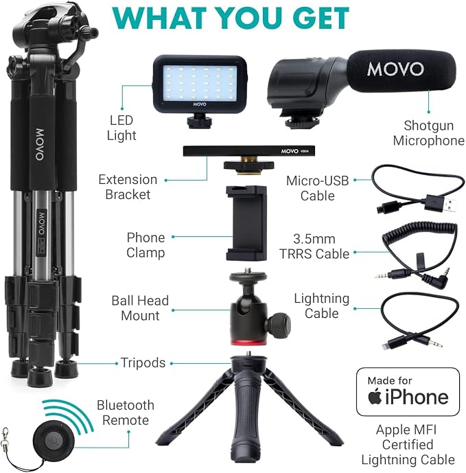 Movo iVlogger Vlogging Kit for iPhone with Fullsize Tripod - Lightning Compatible YouTube Starter Kit for Content Creators - Accessories: Tripods, Phone Mount, LED Light and Shotgun Mic - Image 3