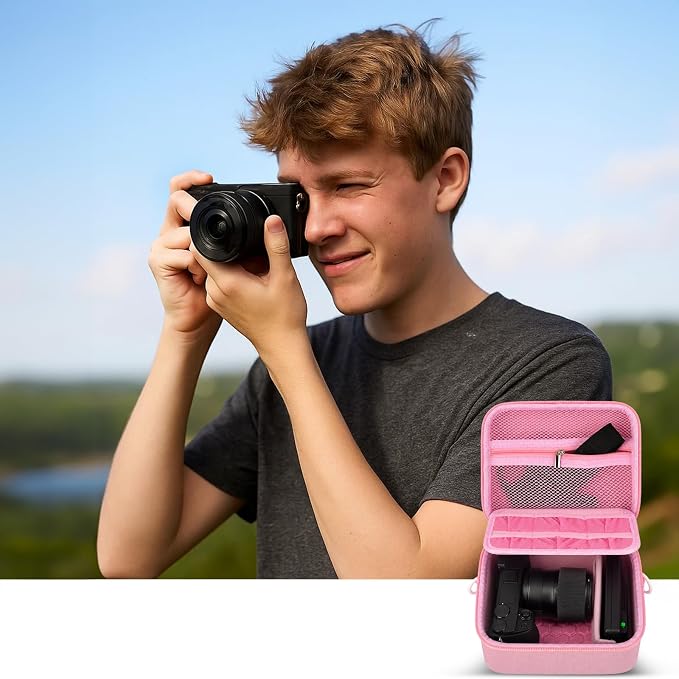 casmilee Camera Case for Sony Alpha ZV-E10 Alpha a6400/ a6700/ a6100/ a6000/ a6600/ a6500 Mirrorless Digital Camera, Hard Travel Bag with a Shoulder Strap for Lens & Accessories (Pink, Medium) - Image 9