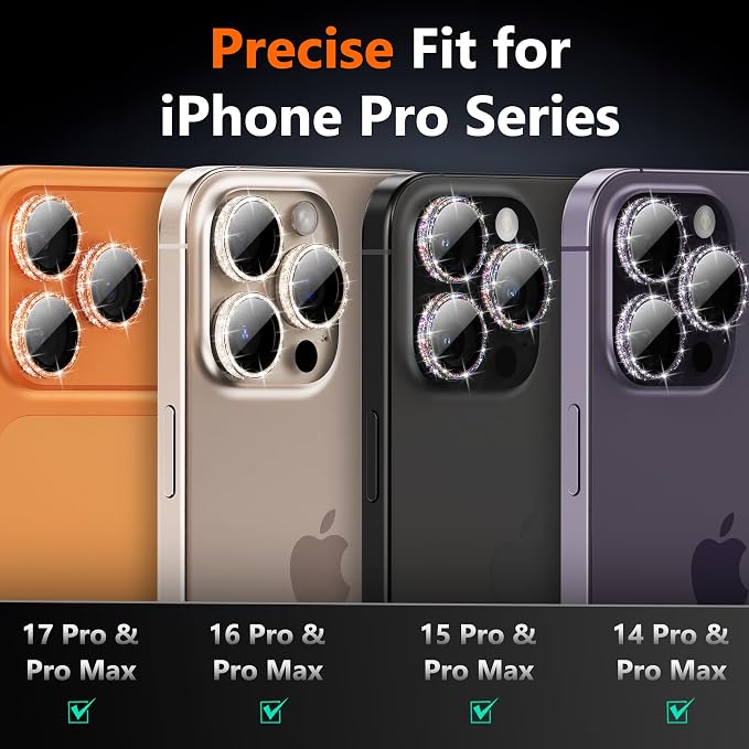YWXTW [All-Over Glitter] Camera Lens Protector for iPhone 17 Pro Max/17 Pro/16 Pro Max/16 Pro/15 Pro Max/15 Pro/14 Pro/Max, 9H Tempered Glass Camera Cover, Anti-Scratch Case Friendly (Desert Gold) - Image 6