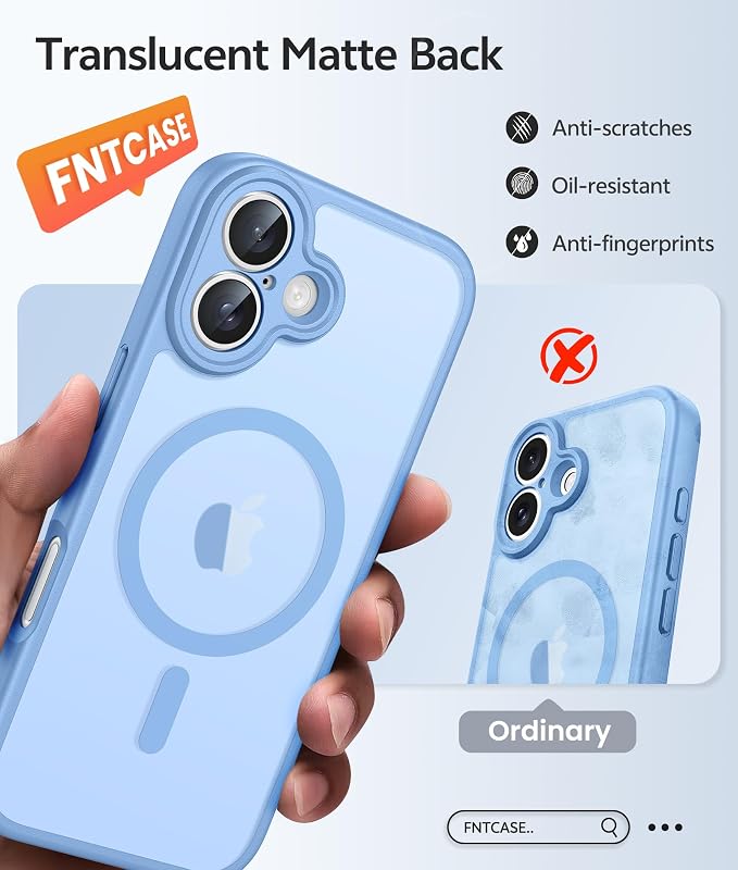 FNTCASE for iPhone 16 Plus Case, Fit for Magsafe, Screen Protector | Full Camera Protection, Translucent Matte, 14FT Military Grade Drop Proof, Shockproof Protective Phone Cover, Light Blue - Image 6