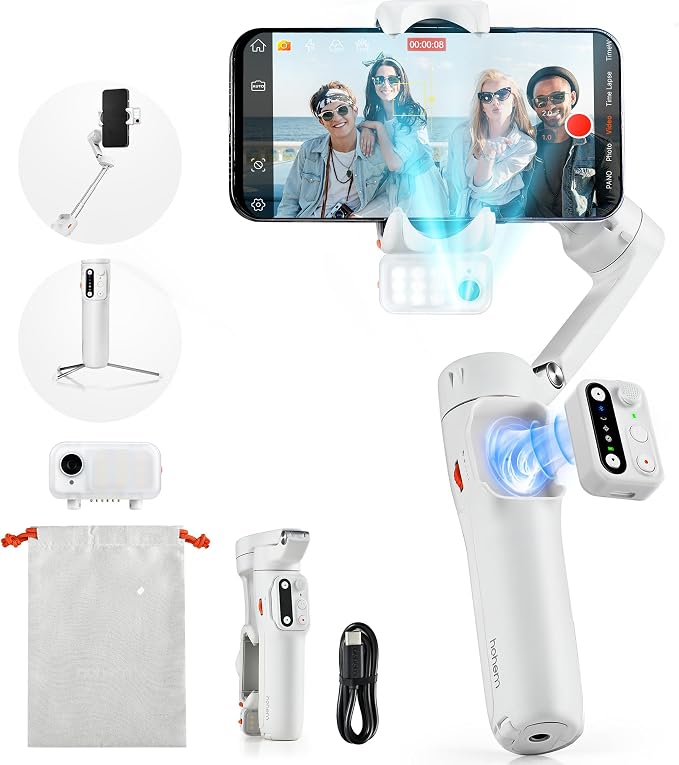hohem iSteady V3 Gimbal Stabilizer for iPhone & Android with AI Tracker | iSteady 8.0, Detachable Remote, 8" Extension Rod, Tripod, Magnetic Fill Light, AI Tracking, 13H Battery for Vlogs, White by Hohem