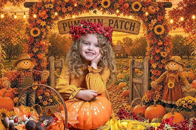 Fall Pumpkin Patch Backdrop 8x8ft Thanksgiving Autumn Harvest Scarecrow Sunflower Photography Background Fall Pumpkin Leaves Theme Baby Shower Party Decorations Photo Booth Props Vinyl - Image 5