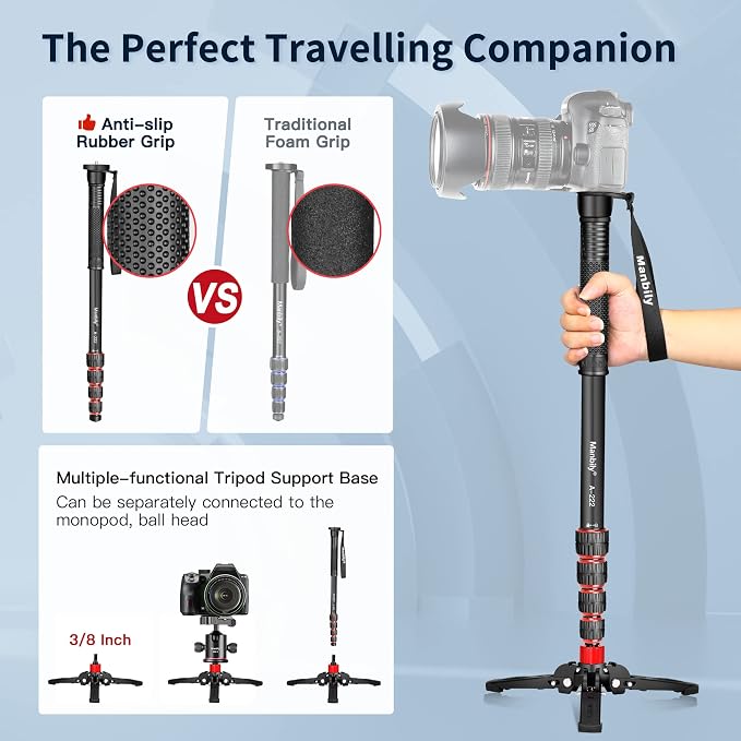 Extendable Camera Aluminum Monopod with Feet,Portable Travel Monopod with Removable Tripod Stand Base for DSLR Canon Nikon Sony Video Camcorder,5 Sections up to 67-in,Max Load 15.5 Lbs（A-222） - Image 2