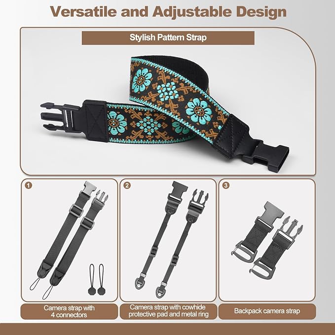 Adjustable Camera Neck Strap, Vintage Embroidered Shoulder & Crossbody Camera Strap with 4 Connection Ways, Anti-Slip Camera Strap for DSLR, Mirrorless & Camcorder, Travel & Outdoor Photography Gear - Image 4