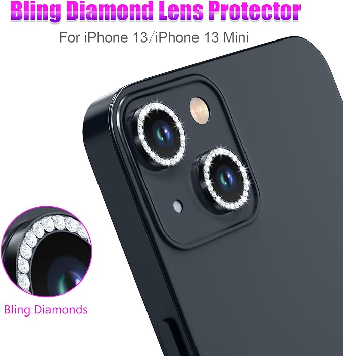 AGVEE 3+3 6 Pack for iPhone 13 & Mini Camera Lens Protector Cover | Individual Bling Diamond & Bling Glitter Sparkle Cute Gem Metal Ring, 9H Tempered HD Glass - Image 4