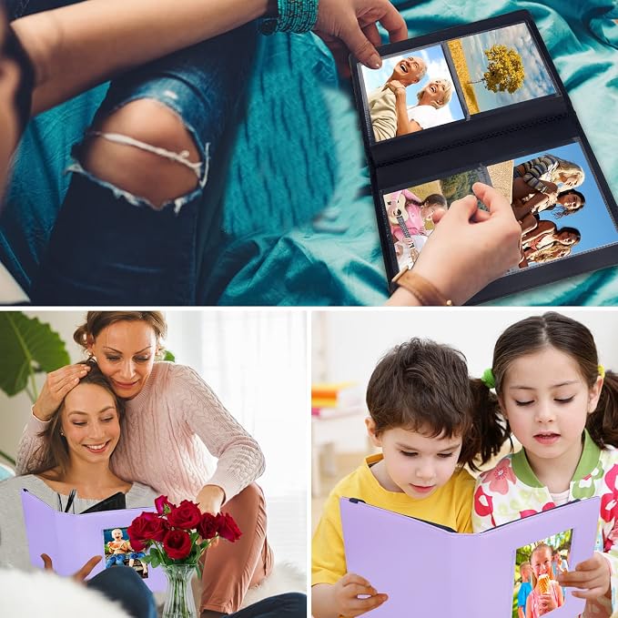 Aevdor 4x6 Photo Album, 136 Pockets, Leather Cover, Purple | Clear Side-Loading Pockets, Black Inner Pages, Elastic Closure Strap, Family, Wedding, Baby & Travel Photo Storage - Image 7