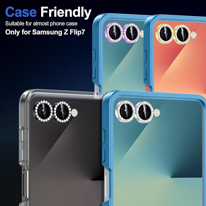for Samsung Galaxy Z Flip 7 Camera Lens Protector, Individual Metal Ring Tempered Glass Lens Cover, [Strong Adsorption] Scratch Resistant Ultra-Thin HD Clear Lens Cover, 1 Set-Silvery Diamond - Image 7