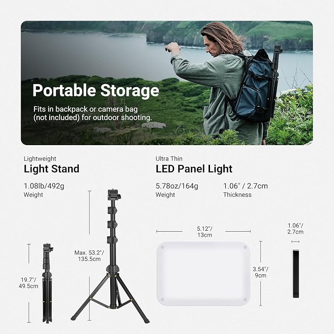 NEEWER Basics 2 Pack LED Video Light Panel Lighting Kit, 6.2" Dimmable Portable Studio Light with 53" Tripod Stand, 3200K-5600K/CRI95+ 810lux for Photography Video Recording Streaming Podcast, BP132 - Image 7