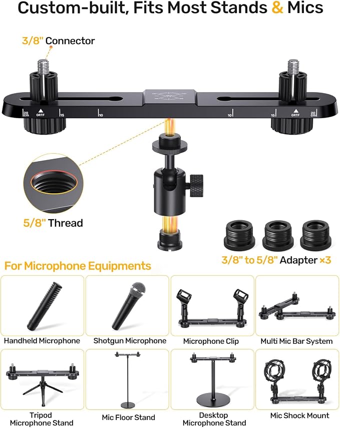 Stereo Array Spacing Microphone Holder with All-Metal Mic Ball Head Adapter, Adjustable Mic Mount Bar for Two Mics/Booms with 3/8" - 5/8" Screw Adapters, Fits Mic Stands for Recording, Live Streaming﻿ - Image 6