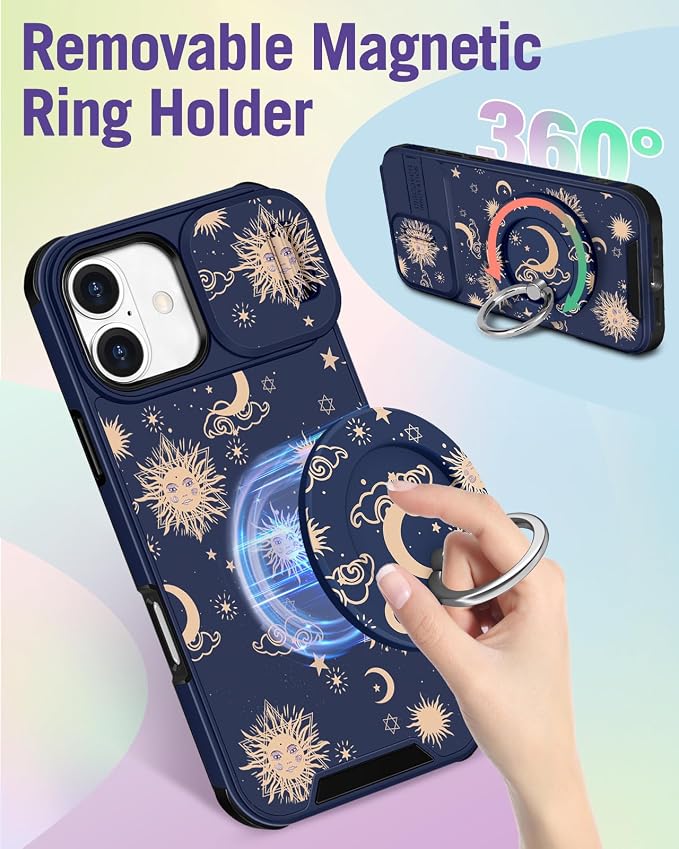 Buleens for iPhone 16 Case 6.1 Inch - with Ring Stand & Camera Cover Aesthetic Cute Designed for Women Girls Girly Kawaii Sun Moon Stars Unique Phone Case for iPhone 16 Compatible with Magsafe - Image 5