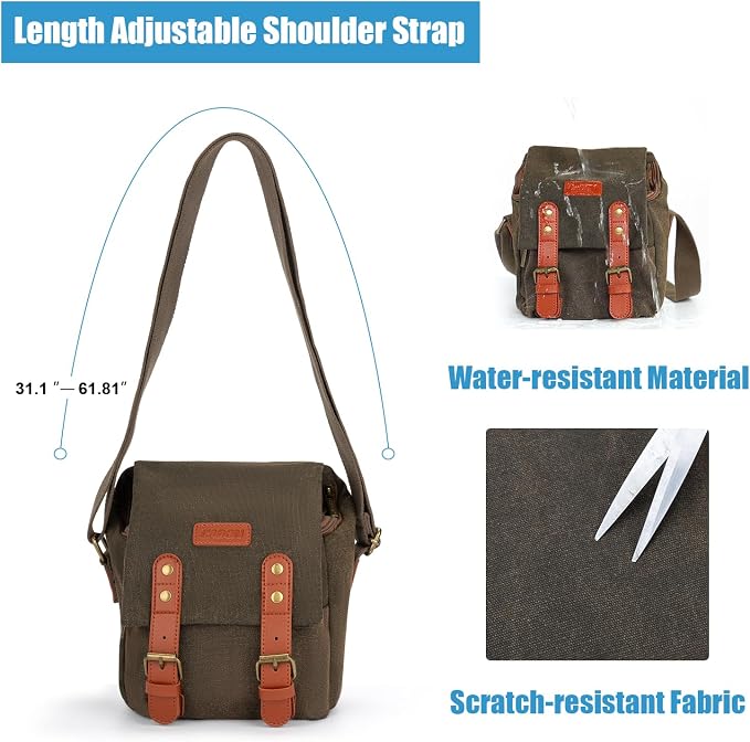 CADeN Compact Camera Bag Case Canvas Leather Trim Compatible for Nikon, Canon, Sony Mirrorless Camera and Lenses Waterproof, Camera Shoulder Messenger Bag (Small 1.0 Brown) - Image 7