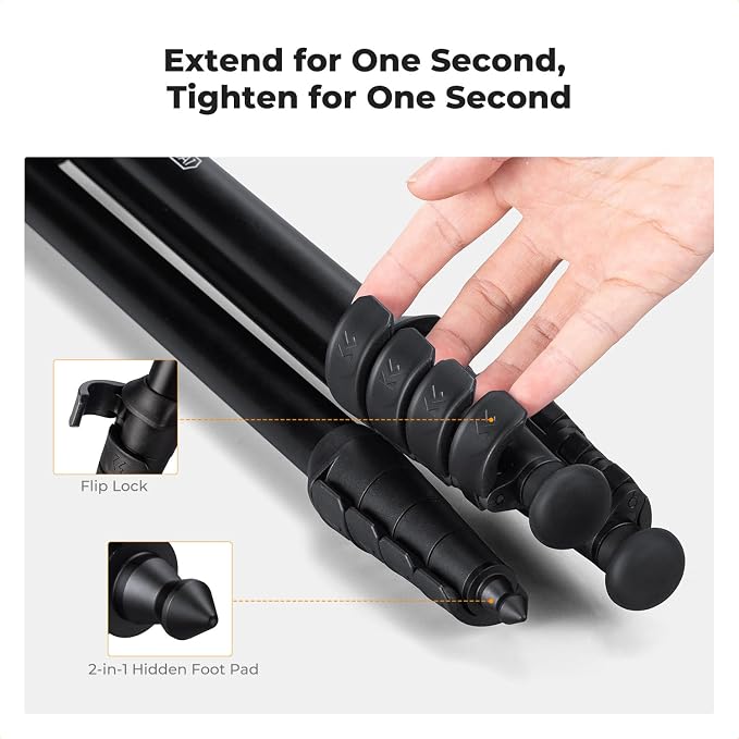 K&F CONCEPT 63" Aluminum Travel Tripod for Camera | Lightweight Compact Tripod Weighs 2.6lb, Max Load 22lb for Camera DSLR Mirrorless Camcorders Phone, O235A1+BH-40 - Image 4