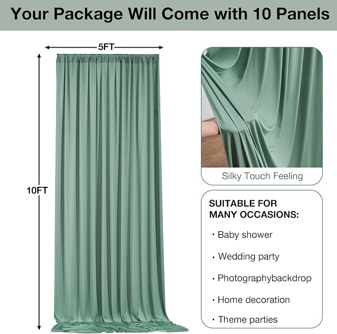 50ftx10ft Wrinkle Free Sage Green Backdrop Curtains for Parties, Polyester Green Photo Backdrop Drapes 10 Panels 5x10ft for Wedding Birthday Baby Shower Photography Background - Image 6