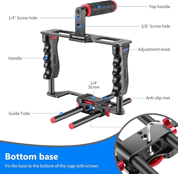 NEEWER Camera Video Cage Film Movie Making Kit, Aluminum Alloy with Top Handle, Dual Hand Grip, Two 15mm Rods, Compatible with Canon Sony Fujifilm Nikon DSLR Camera and Camcorder (Black + Red) - Image 4