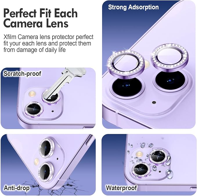 for iPhone 14/14 Plus Camera Lens Protector Bling Diamond, Purple | Individual Metal, 9H Hardness, Scratch Resistant, Shockproof, Drop Protection, Case Friendly, Stylish Accessories - Image 3