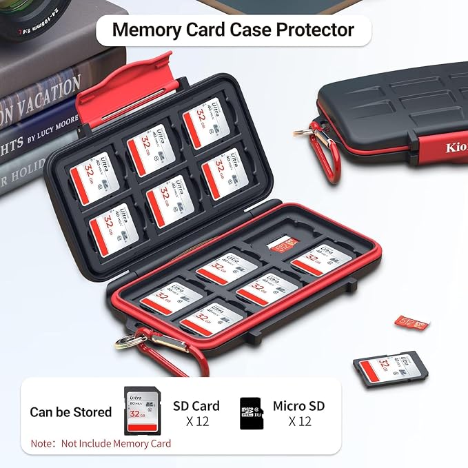 Kiorafoto 24 Slots Memory Card Case for SD Micro SD TF,IPX5 Water-Resistant | Anti-Shock,Memory Card Holder for 12 MicroSD SDXC SDHC TF & 12 SD SDXC SDHC Cards,Hard Shell with Rubber Interior & Carabiner - Image 2