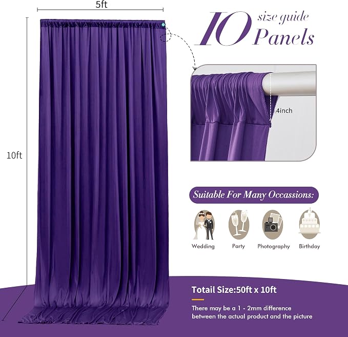 50 ft x 10 ft Wrinkle Free Purple Backdrop Curtain for Parties, 5ft x 10ft 10 Panels Polyester Purple Photo Backdrop Drapes for Wedding Birthday Party Baby Shower Fabric Photo Curtains for Mermaid - Image 7