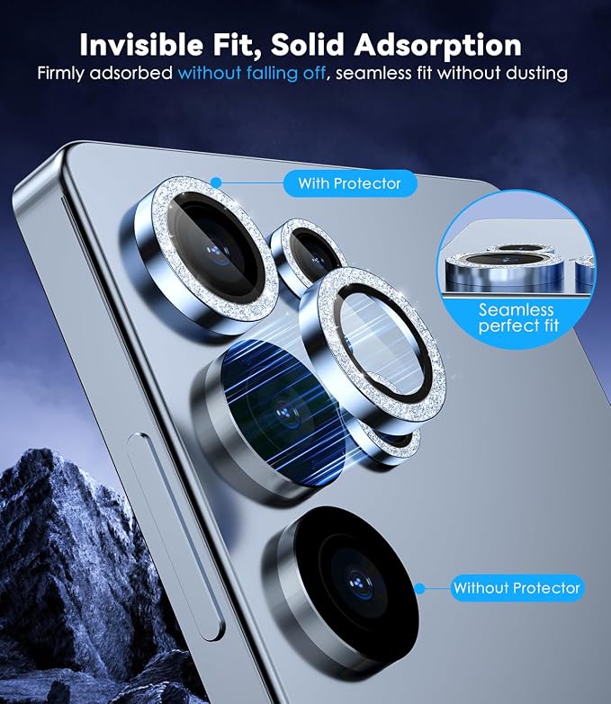 CloudValley for Samsung Galaxy S25 Ultra Camera Lens Protector Bling | 9H Tempered Glass + Aluminum Alloy Lens Protective Ring [Glitter Decoration] Ultra-HD Tempered,Glitter Titanium Silverblue - Image 4