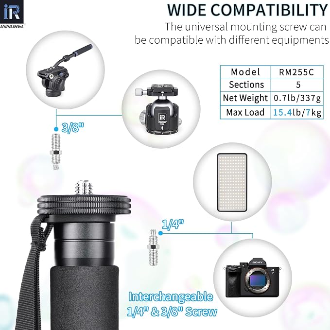 Carbon Fiber Camera Monopod INNOREL RM255C Professional Portable Compact Lightweight Travel 5-Section Monopod for Canon Nikon Sony DSLR Camera Video Camcorder DV Photography Bracket Load 15lbs/7kg - Image 2