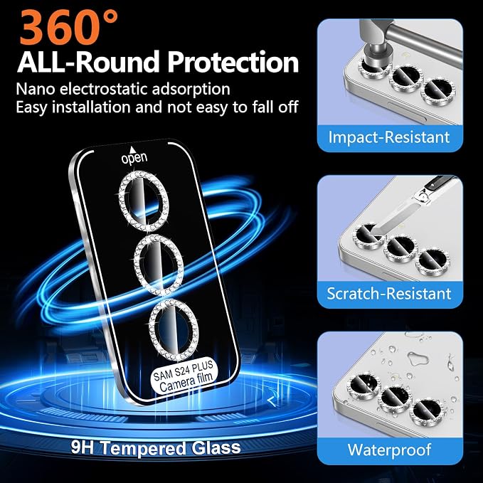 for Samsung Galaxy S24 Plus Camera Lens Protector, Individual Metal Ring Tempered Glass Lens Cover, [Strong Adsorption] Scratch Resistant Ultra-Thin HD Clear Lens Cover, 1 Set-Slivery Diamond - Image 2