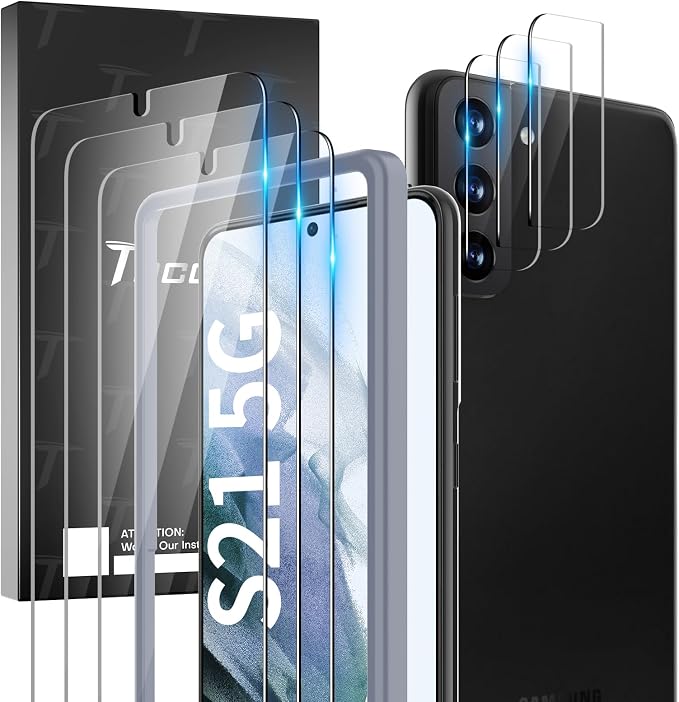 TOCOL 6 Pack Compatible with Samsung Galaxy S21 5G 6.2 inch - 3 Pack Tempered Glass Screen Protector and 3 Pack Camera Lens Protector with [Installation Frame] HD Clear Bubble Free Case Friendly by TOCOL