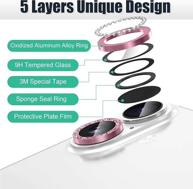 AGVEE 3+3 6 Pack for iPhone 16/16 Plus Camera Lens Protector Cover | Individual Bling Diamond & Bling Glitter Sparkle Cute Gem Metal Ring, 9H Tempered HD Glass - Image 7
