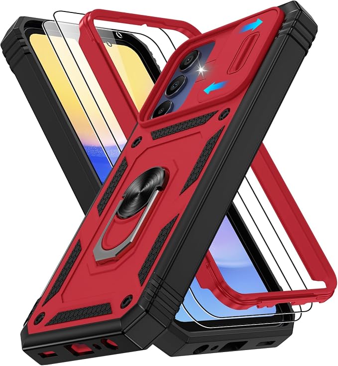 for Samsung Galaxy A15 5G Case with 2PCS Screen Protector, Build in 360° Rotating Ring Kickstand, Military Grade Protective Case for Samsung A15 Phone, Red+Black by Gritup