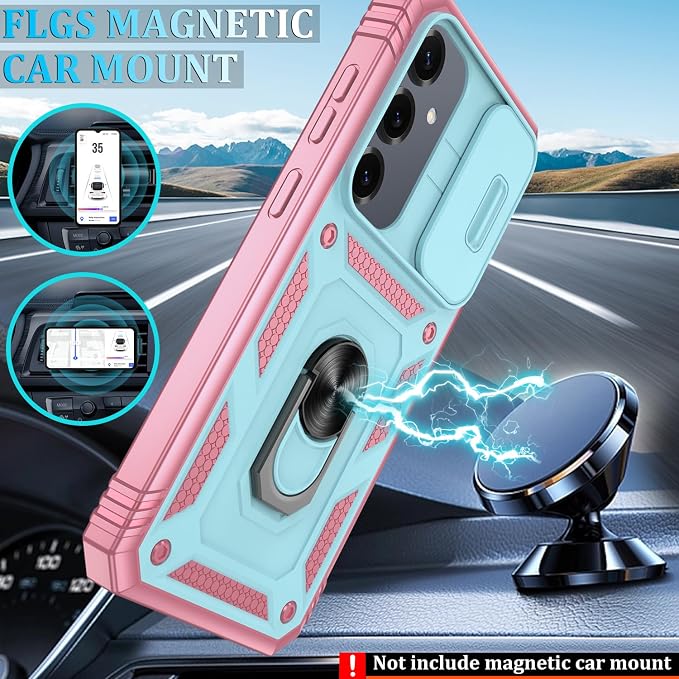 Gritup Fit for Samsung Galaxy S25 Plus Phone Case with Slide Camera Cover | 2 Pack Screen Protector, Build in 360° Rotating Ring Kickstand, Military Grade Shockproof Protective Phone Case, Green+Pink - Image 6
