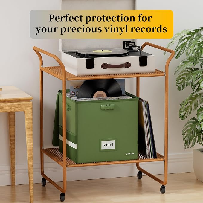 DocSafe Vinyl Record Storage Box with Lock, Fireproof＆Water Resistant Record Organizer for 100+ Single Records(12-inch), Collapsible Storage Crate with Lid&Handles for Valuable Album Collection,Green - Image 8