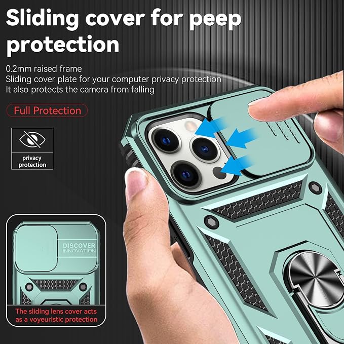 HNHYGETE for iPhone 12 Pro Max Case with Screen Protector: [Military Grade 20ft. Drop Tested] Slide Camera Cover Ring Shockproof Protective Phone Case for - iPhone 12 Pro Max (Dark Green) - Image 4