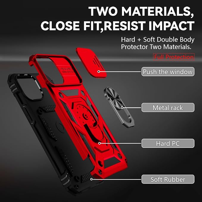 HNHYGETE for iPhone 13 Case with HD Screen Protector: [Military Grade 20ft. Drop Tested] Slide Camera Cover Ring Shockproof Protective Phone Case for - iPhone 13 (Red) - Image 5