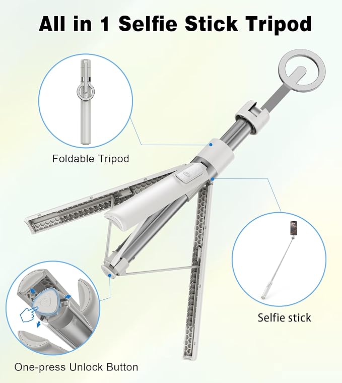 TONEOF 68" Magnetic Aluminum Phone Tripod Selfie Stick for iPhone & Android | Rechargeable Remote,360° Rotatable Foldable Cell Phone Stand Holder with Metal Ring,Travel Tripod for Magsafe (Beige Gray) - Image 7
