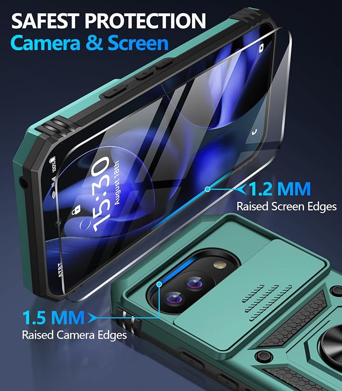 Taisairu for Google Pixel 9A Case with Screen Protector & Slide Camera Lens Cover,Built-in 360°Rotate Magnetic Ring Stand Shockproof Protective Phone Case for Google Pixel 9A Case (Green) - Image 7