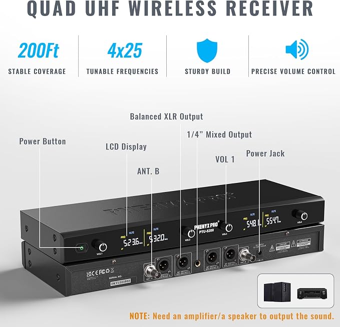 Phenyx Pro 4-Ch UHF Handheld/Bodypack Wireless Microphones PTU-5200-2H2B | 2 Handheld Mics, 2 Bodypacks, Headset/Lapel Mics, 4 x 25 Frequencies, 200 ft Range, Stage Vocals, Karaoke, Church Services - Image 2