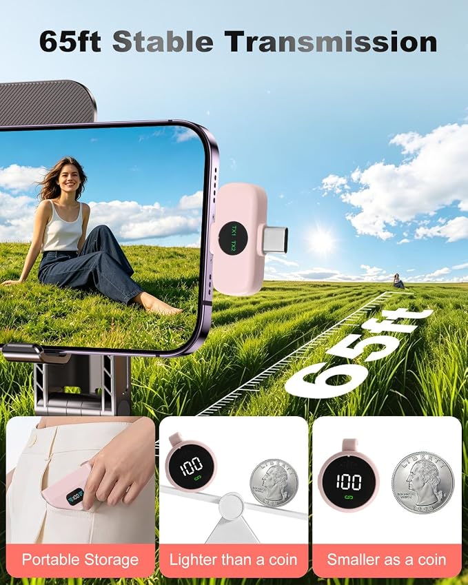 Wireless Microphone for iPhone & USB C Android, AI Noise Canceling Lapel Mic with Charging Case Magnetic Clip LCD Display DSP Chip Lavalier Mini Microphone for Vlogging Tiktok Live Stream YouTube Pink - Image 4
