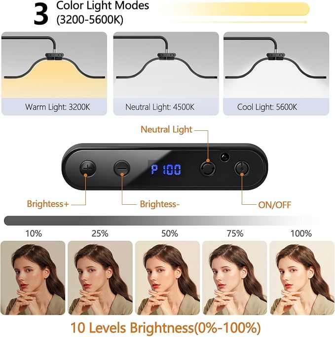 Lash Light for Eyelash Tech-Esthetician Ring Light, Half Moon Light for Led Lash Lamp Extensions, Tattoo Artists, Nail Tech - Cool, Warm Lamp with Adjustable Brightness & Height, Phone Holder (Black) - Image 4