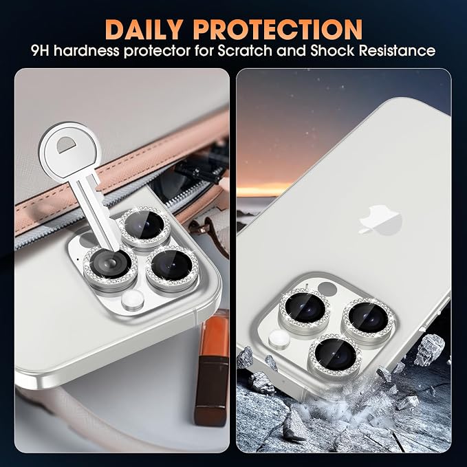 iPhone 16 Pro/16 Pro Max Camera Lens Protector Bling Diamond, Silver | Individual Metal, 9H Hardness, Scratch Resistant, Shockproof, Drop Protection, Case Friendly, Stylish Accessories - Image 2