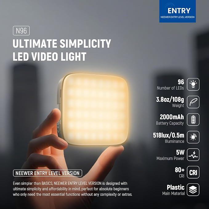 NEEWER Entry Level Version Magnetic LED Camera Light, 96 LEDs Bi Color Small Clip On Panel Light, 2000mAh 3000K-9000K CRI80+, 3 Cold Shoes 1/4" Thread for Tripod, Video Recording Selfie Lighting, N96 - Image 2