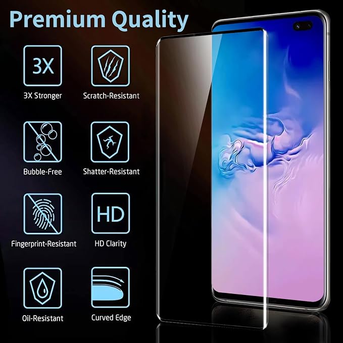 3 Pack Galaxy S10 Plus Screen Protector, HD Clear Tempered Glass, Fingerprint Unlock, 3D Curved, Scratch Resistant, No Bubble for Samsung Galaxy S10 Plus 5G Glass Screen Protector - Image 2