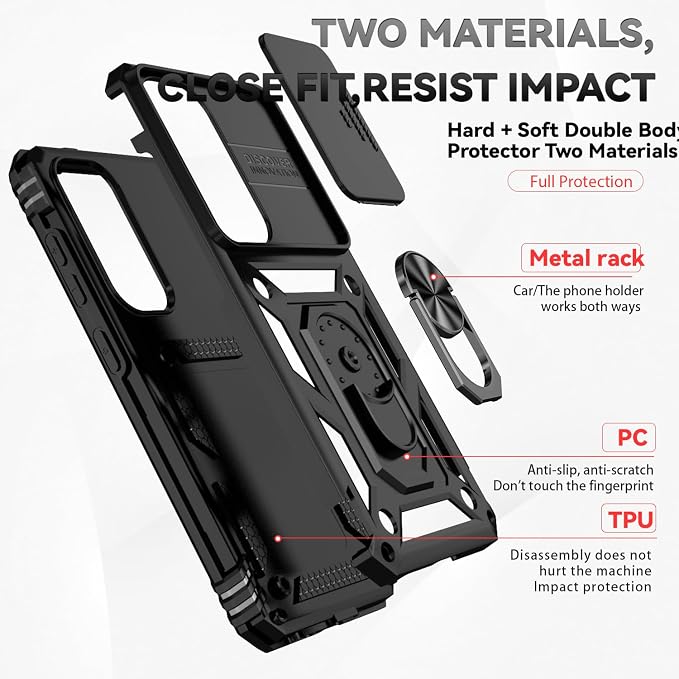for Samsung Galaxy S24 Plus Case with Camera Lens Cover HD Screen Protector, Military-Grade Drop Tested Magnetic Ring Holder Kickstand Protective Phone Case for Samsung Galaxy S24 Plus (Black) - Image 8