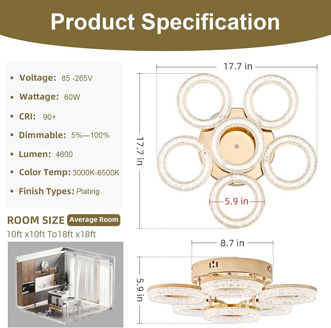 Modern Ceiling Light, 6 Rings 17.7'' Dimmable LED 60W Flush Mount Ceiling Lights with Remote Acrylic Crystal Round Ceiling Light Fixture, Bedroom Living Room Dining Room, Gold - Image 3