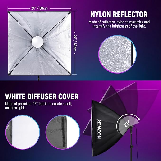 NEEWER RGB Softbox Lighting Kit with App Control & 9 Effect Modes, 2 Pack 26W FCC/IC/UL Certified LED Bulbs CRI93+ TLCI98+, E26 Porcelain Sockets, 24" Softboxes, for Studio Photography Lighting, NK800 | 9 Effects, 26W LED Bulbs, CRI93+, TLCI98+, E26 Po... - Image 7